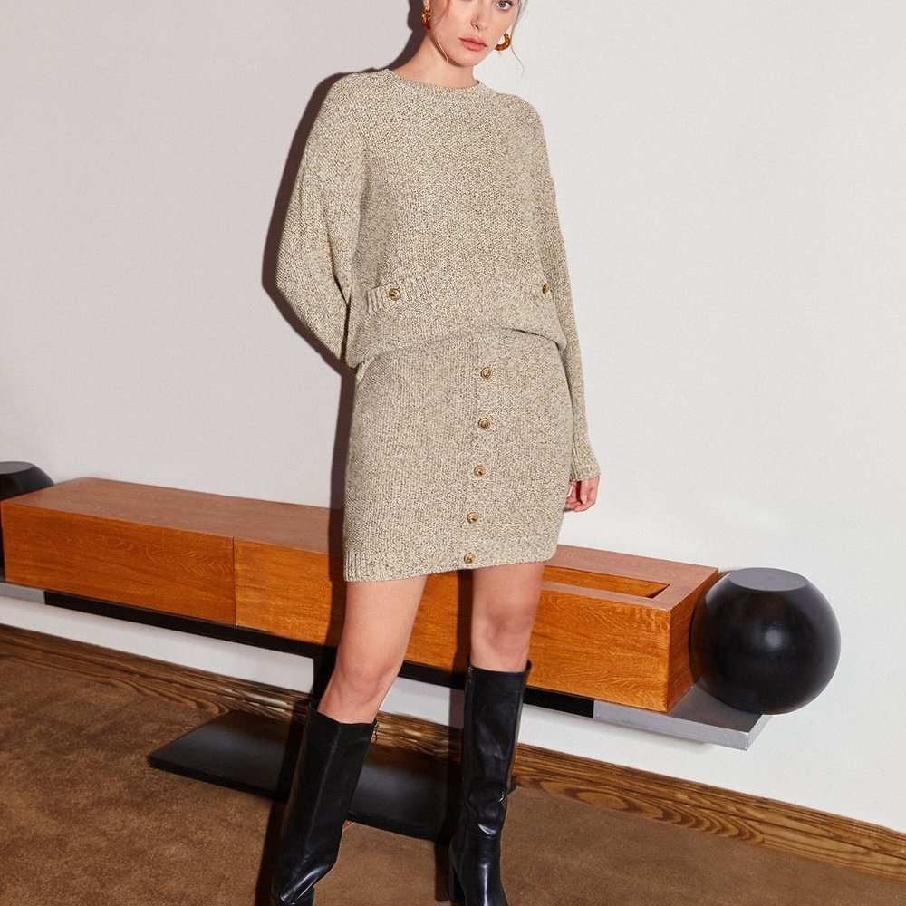 KHAKI  PREPPY WOMENS MARLED KNIT SWEATER & SKIRT SET - Picture 5 of 5